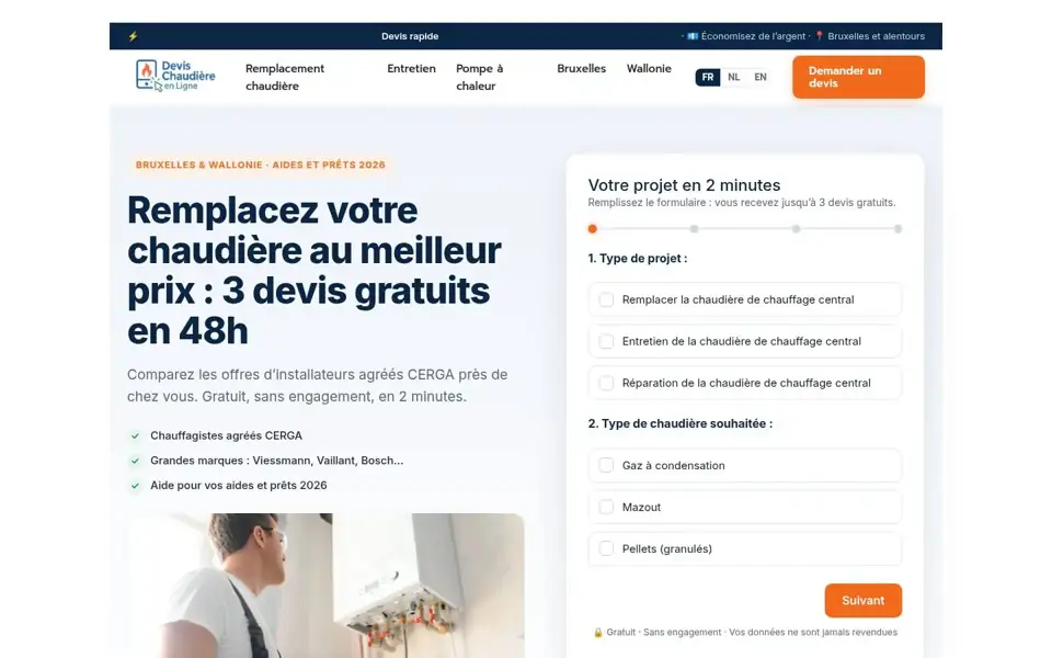 Page d'accueil de Devis Chaudière en Ligne sur ordinateur